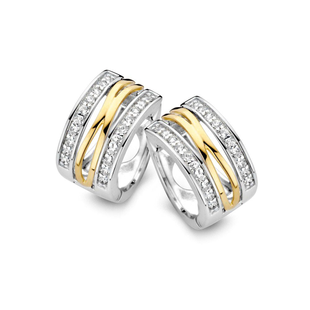 Pendientes de aro elegantes en plata y oro con zircón, diámetro de 12 mm.
