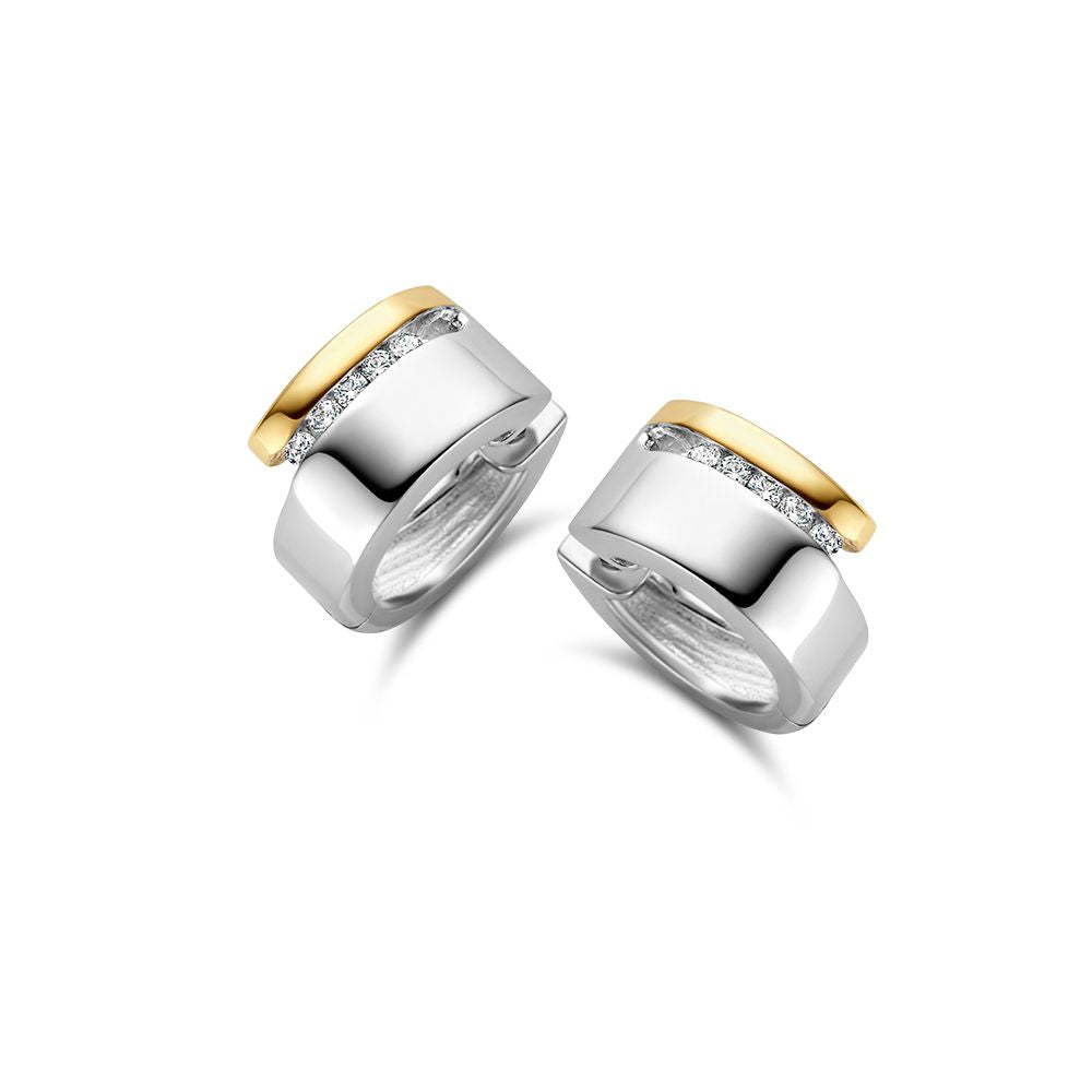 Pendientes de aro de plata y oro de 14 quilates con circonitas, de 11 mm, diseño sutil.