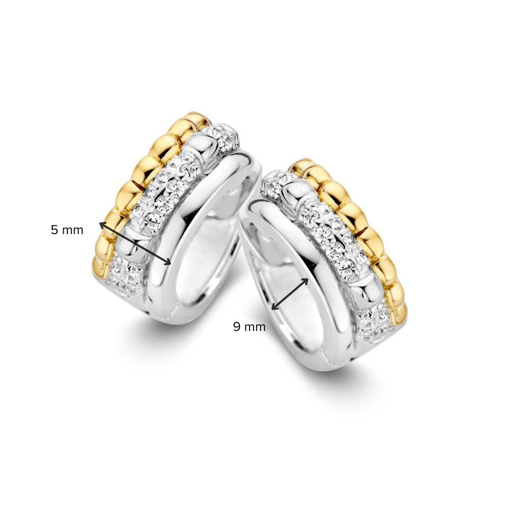 Aros de Plata y Oro de 14 Quilates con Circonitas – 9 mm, Lujo Sutil para de Mujer