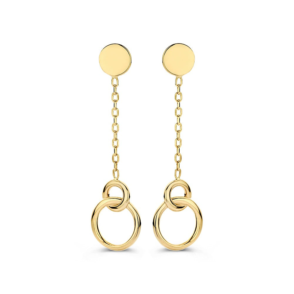 Pendientes largos de oro amarillo con elementos colgantes en forma de aros, de 14 quilates.