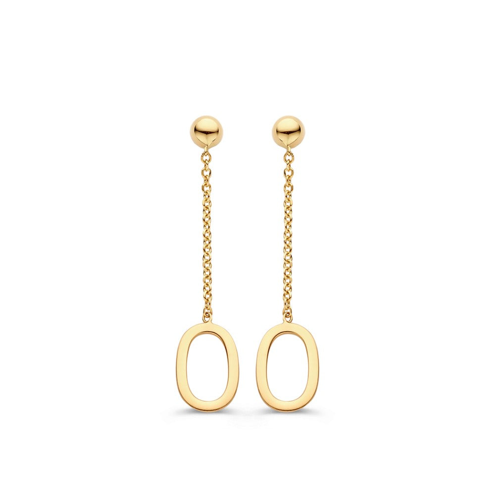 Pendientes largos de oro amarillo de 14 quilates con forma ovalada y cadena delicada.
