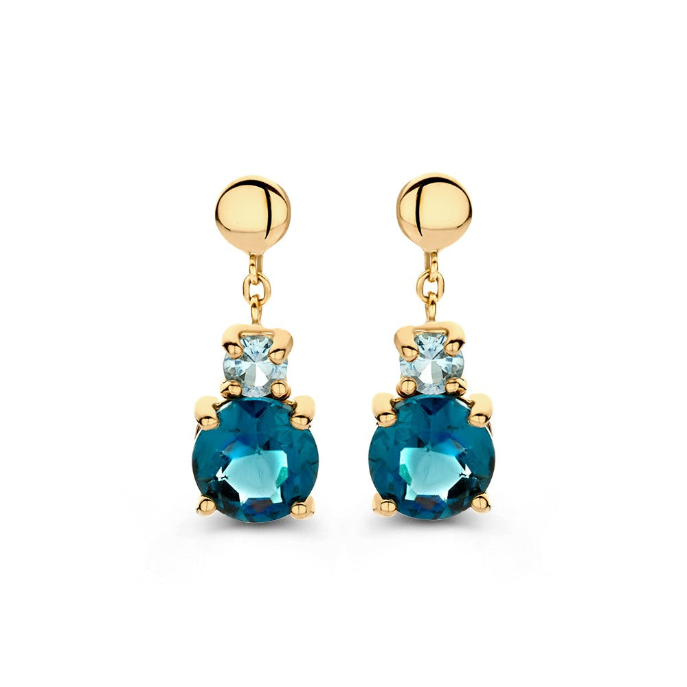 Pendientes elegantes de oro amarillo con topacios azules y London Blue.