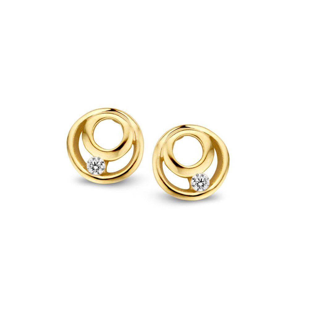 Pendientes de oro amarillo de 14 quilates con zirconia, diseño circular y brillante.