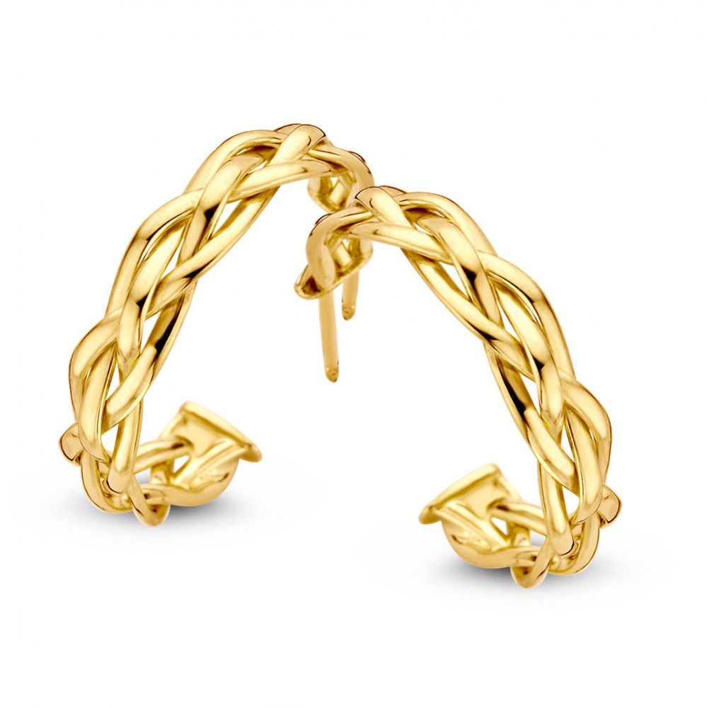 Pendientes de aro de oro amarillo de 14K, con un diseño trenzado y un diámetro de 20 mm.