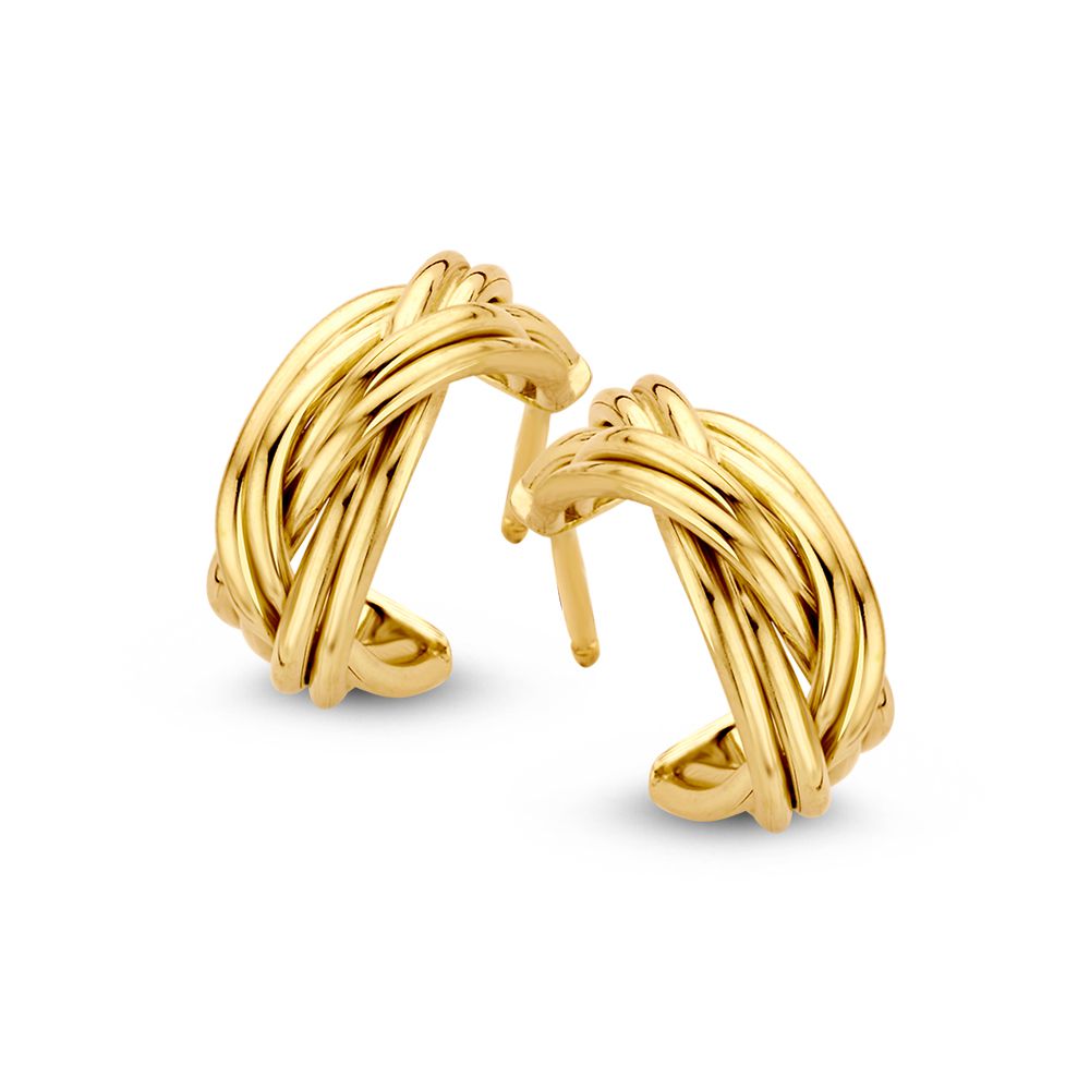 Pendientes de aro de oro amarillo de 14K, con un diseño entrelazado y un diámetro de 15 mm.