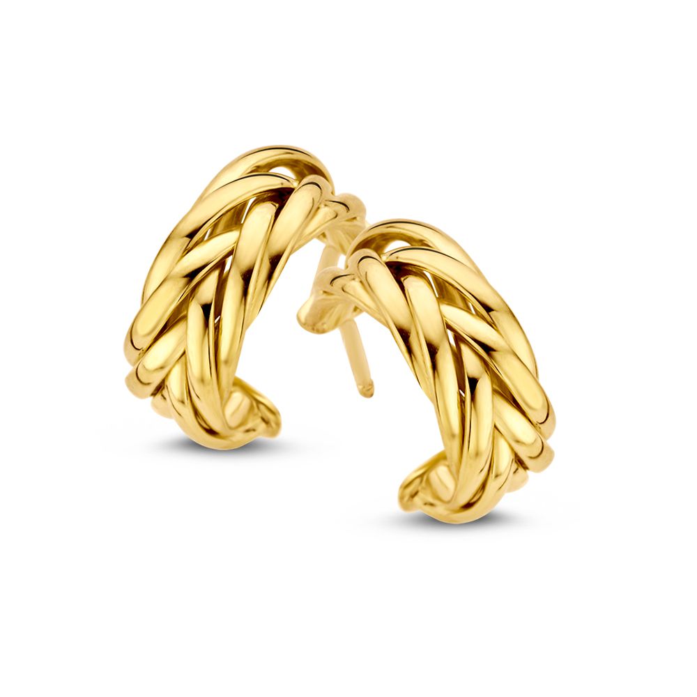Pendientes de aro de oro amarillo de 14K con un diseño trenzado, diámetro de 10 mm.