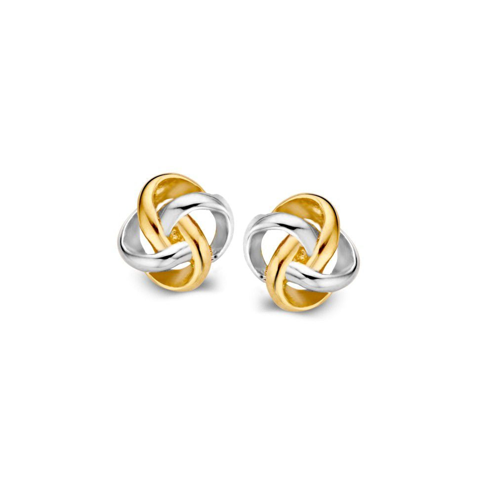 Pendientes bicolores de oro de 14 quilates para damas, con diseño en amarillo y blanco, de 6 mm.