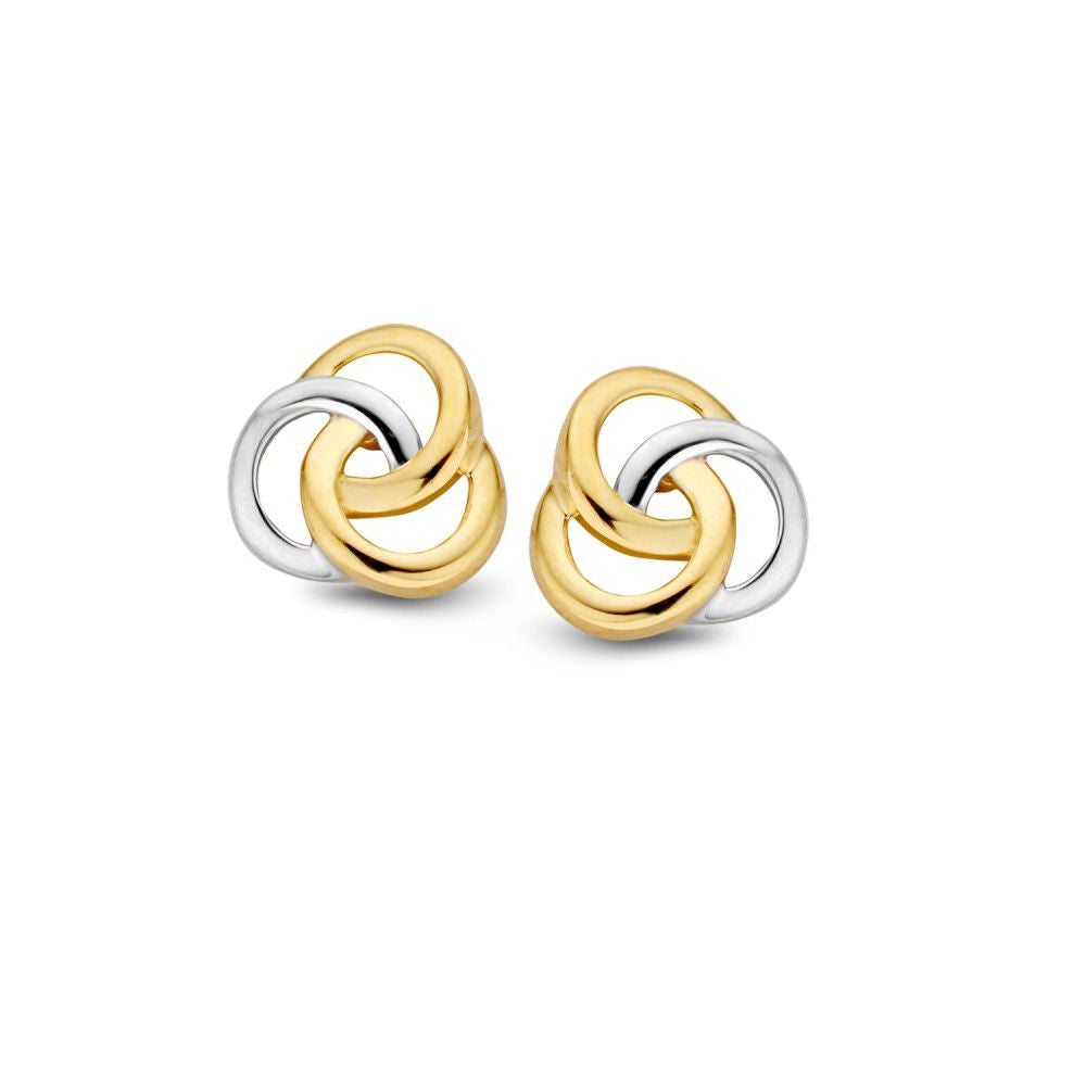 Pendientes bicolores de oro blanco y amarillo con diseño entrelazado.