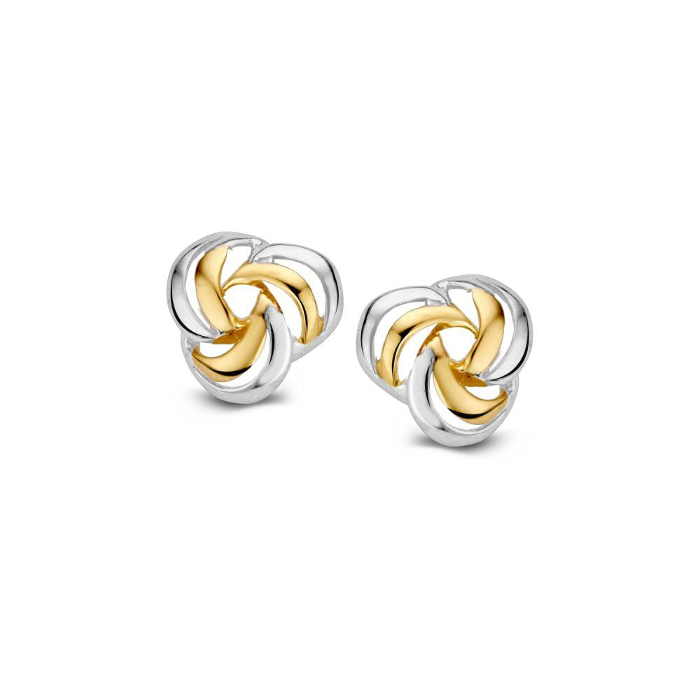 Pendientes bicolores de oro de 14 quilates para damas, con diseño sutil en forma de espiral.