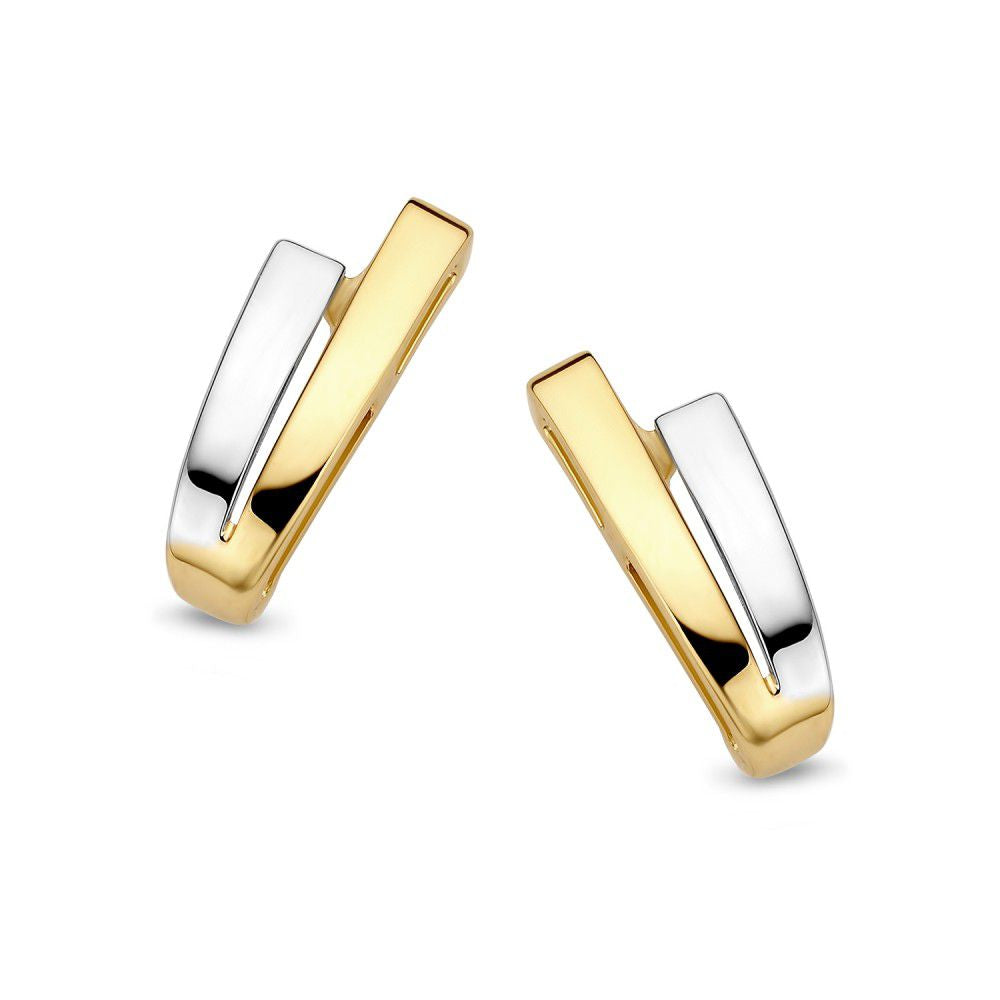Pendientes bicolores de oro en diseño moderno, en oro amarillo y blanco de 14 quilates.