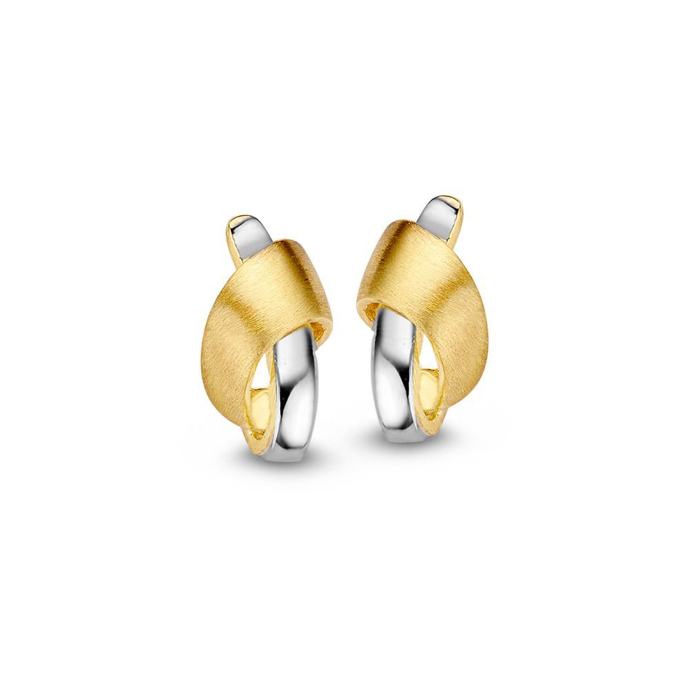 Pendientes bicolores de oro de 14 quilates en amarillo y blanco con diseño en espiral.