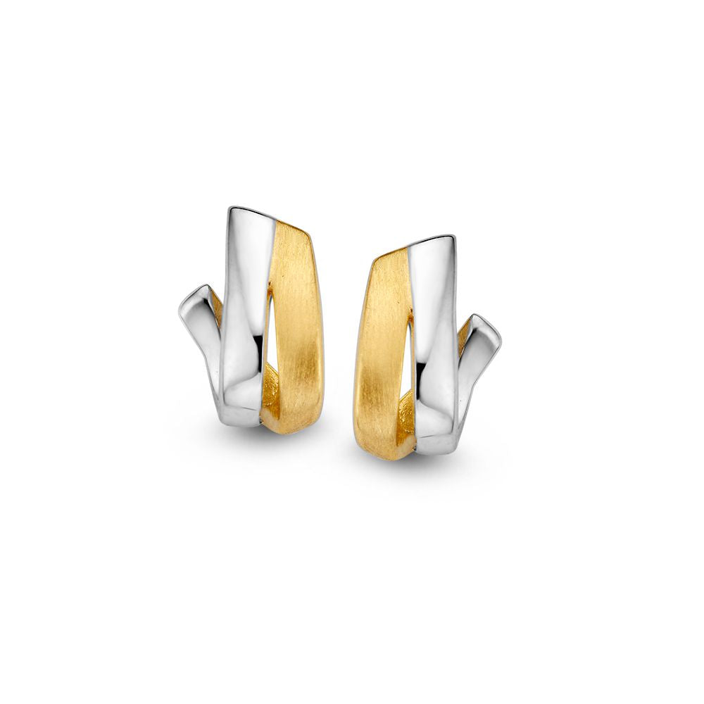 Pendientes bicolores de oro de 14 quilates con acabado mate y pulido, sin piedra.