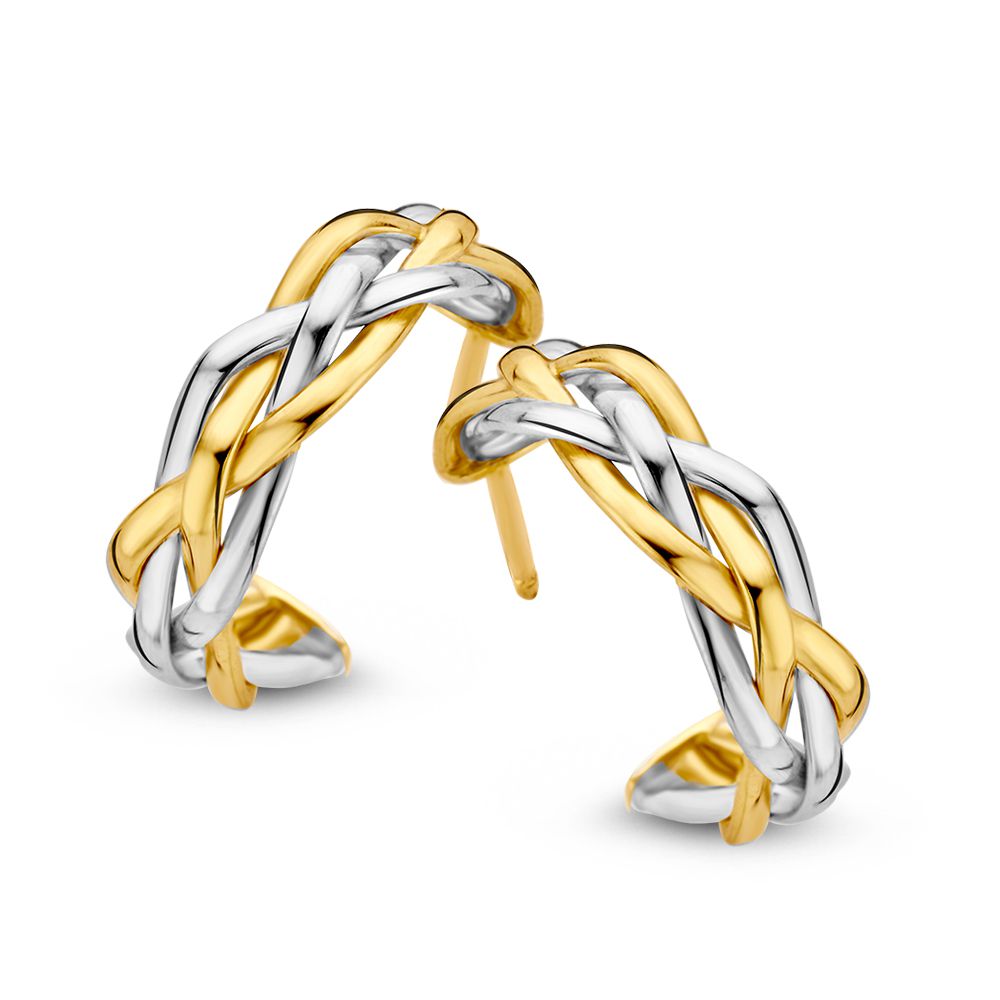 Pendientes de aro bicolores en oro de 14 quilates, con trenzas en oro amarillo y blanco.