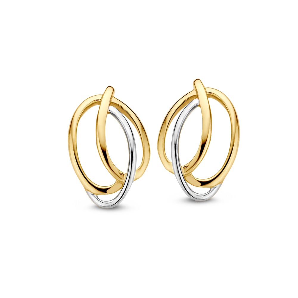 Pendientes bicolores de oro de 14 quilates en amarillo y blanco, con diseño entrelazado.
