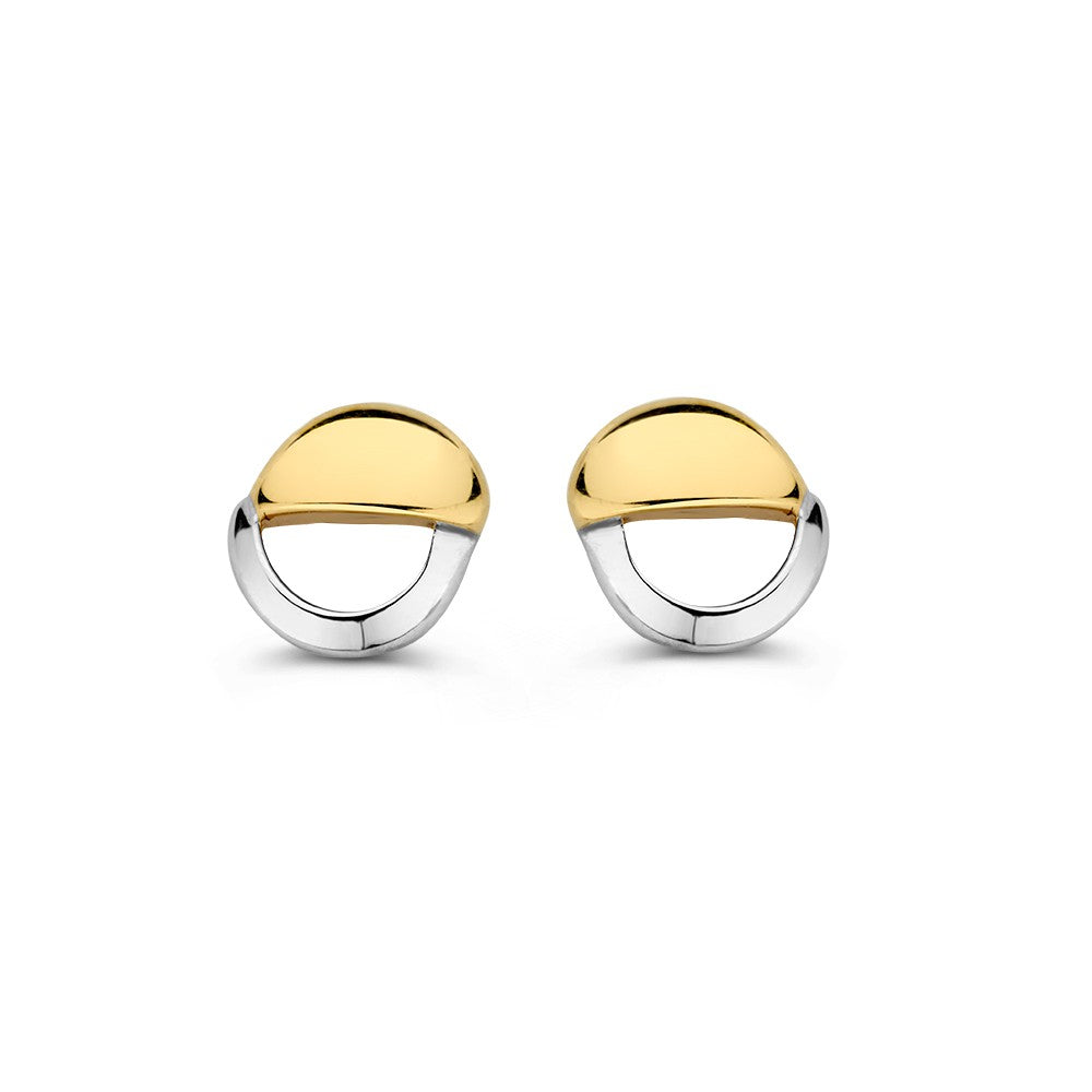 Pendientes bicolores de oro de 14 quilates, con parte amarilla y parte blanca, de forma redonda.