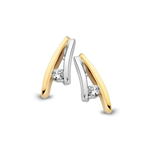 Pendientes bicolor de oro de 14 quilates con diamantes de 0,06 crt, diseño moderno y elegante.
