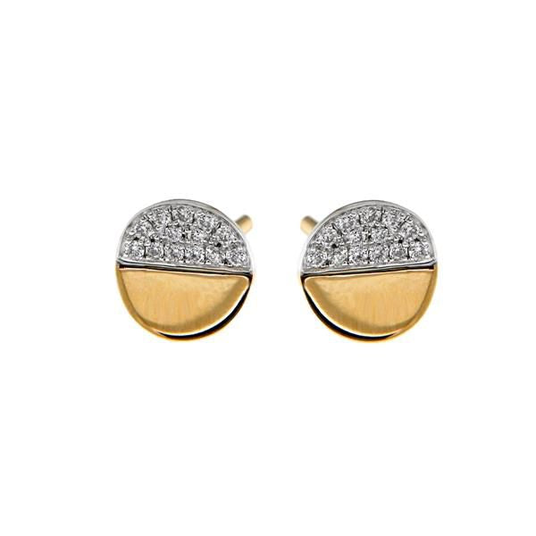 Pendientes bicolor de oro de 14 quilates con brillantes, en tonos amarillo y blanco, forma redonda.