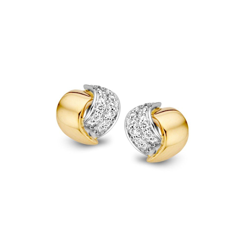 Pendientes bicolor de oro de 14 quilates para damas, con diamantes (0.12 crt) en la parte superior.