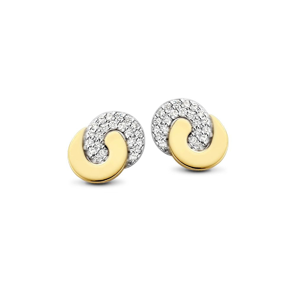 Pendientes bicolor de oro de 14 quilates para damas, con diamantes y diseño en espiral.