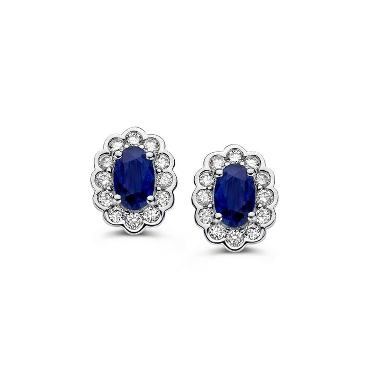 Geelgouden Oorstekers met Ovale Saffier en Diamant 0,60ct in Entourage Zetting