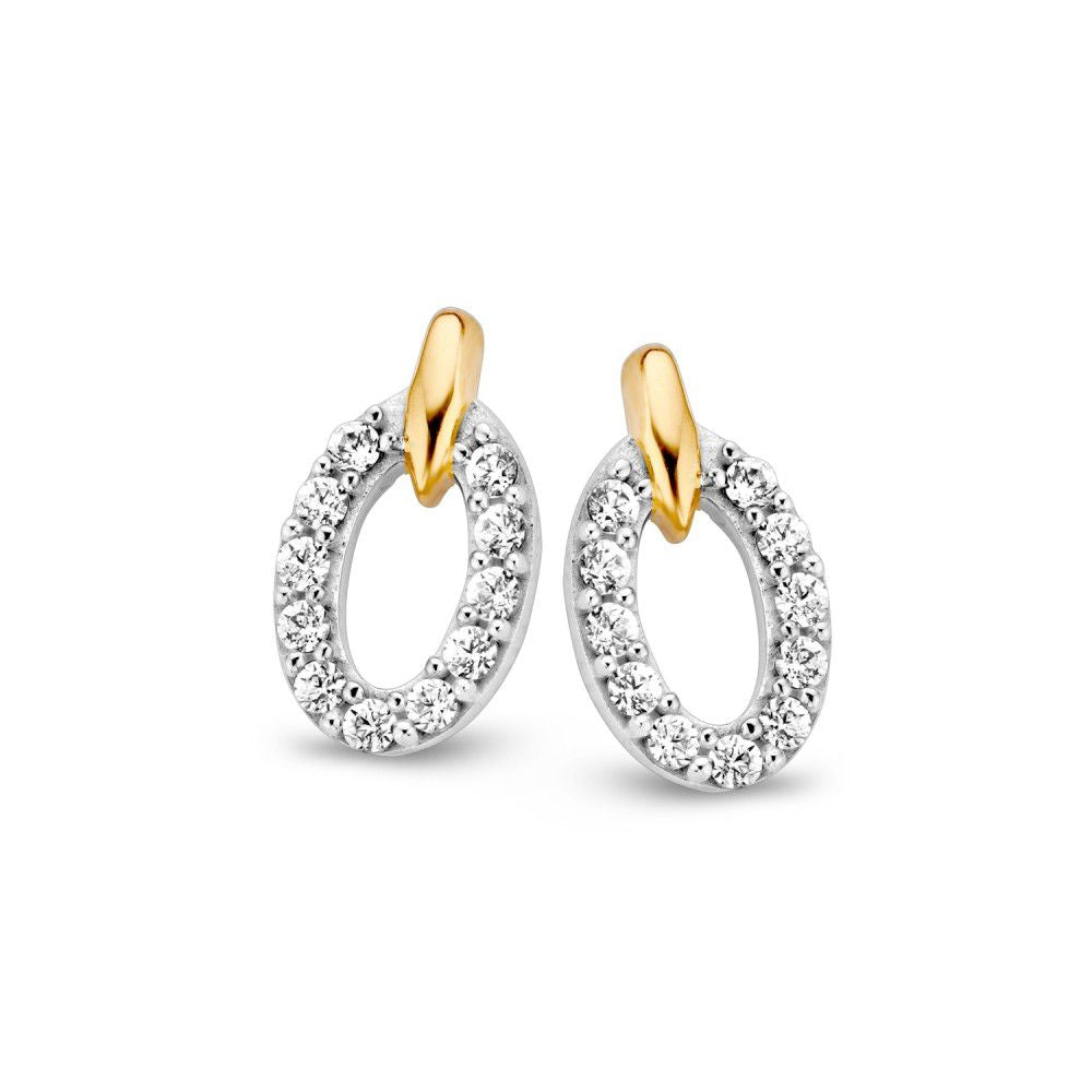 Pendientes de oro amarillo y blanco con circonitas, forma ovalada de 11.5 mm.