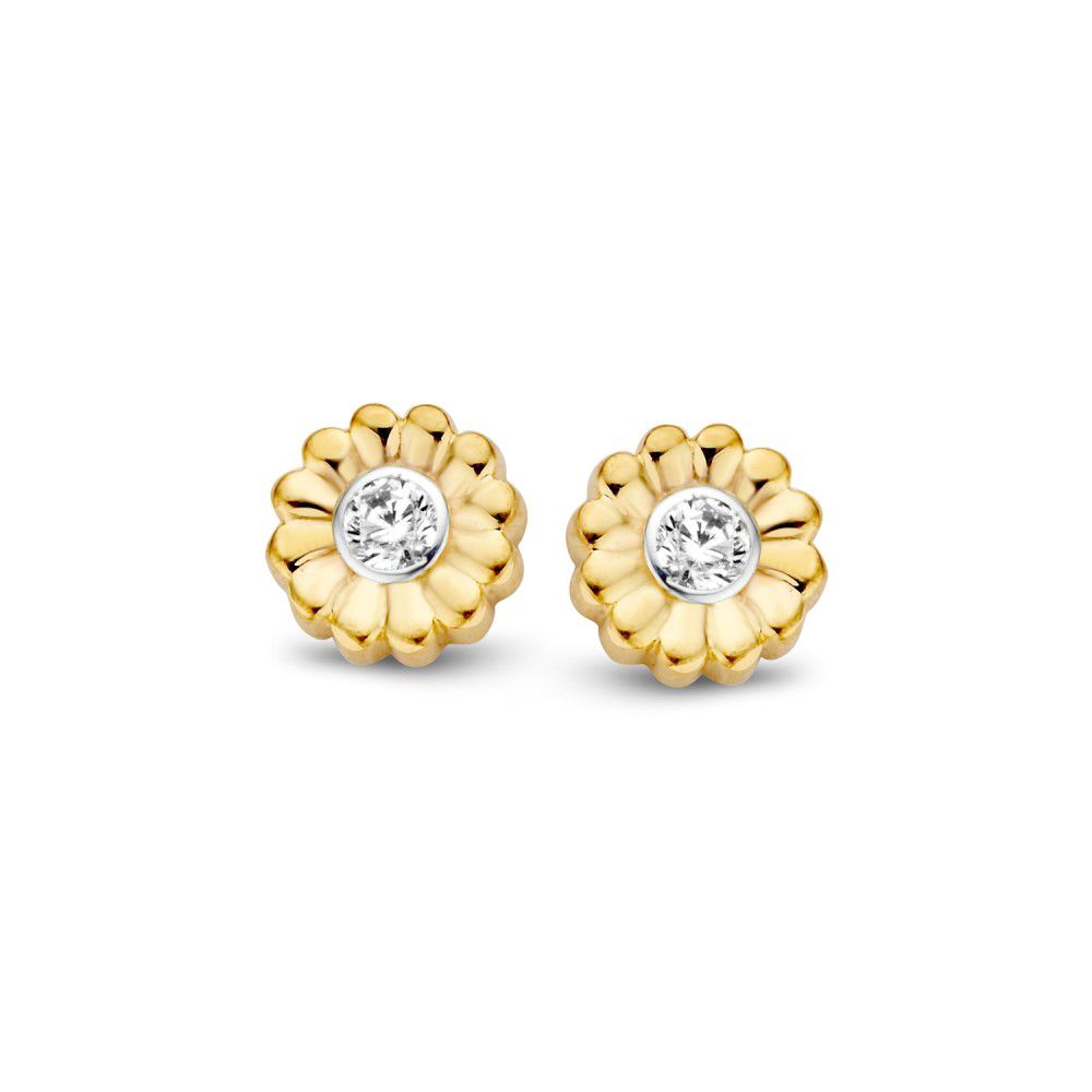 Pendientes de oro amarillo de 14 quilates con zirconia de 6 mm en forma de flor.