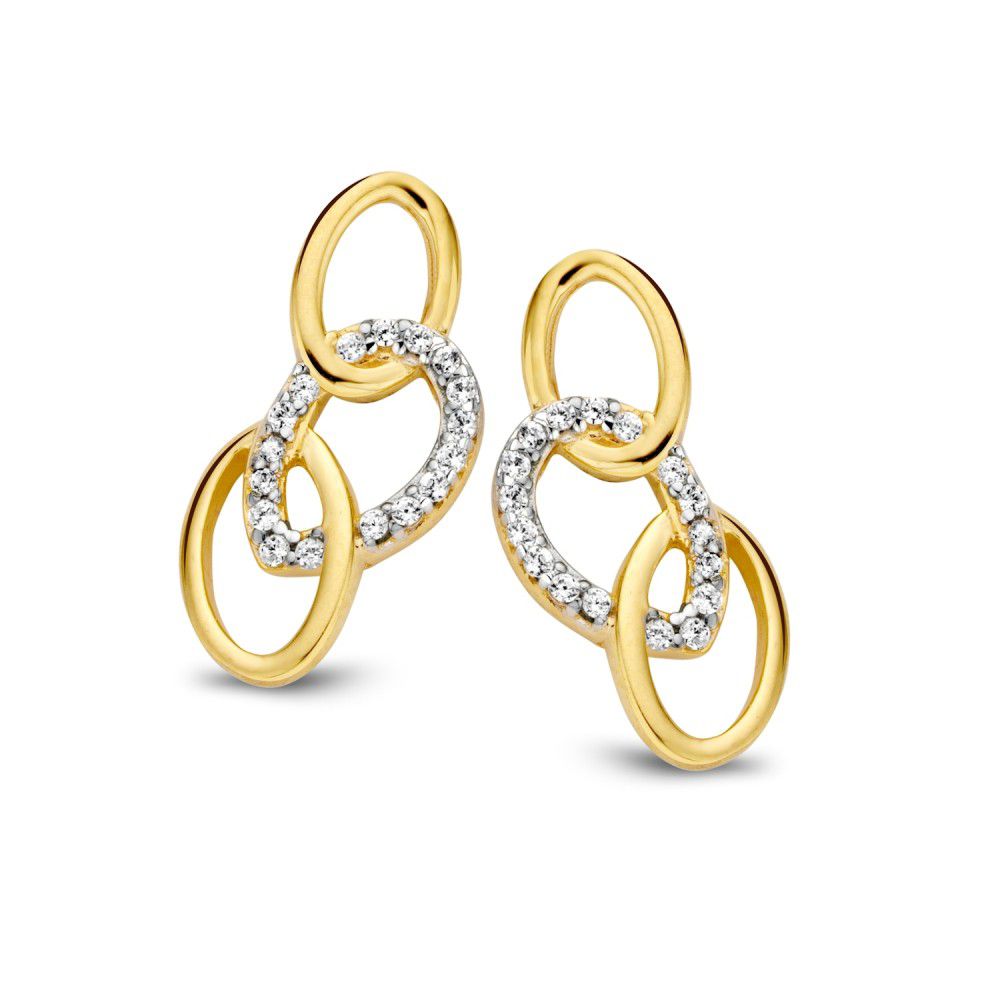Pendientes bicolor de oro blanco y amarillo con circonitas, diseño de aros entrelazados de 16 mm.