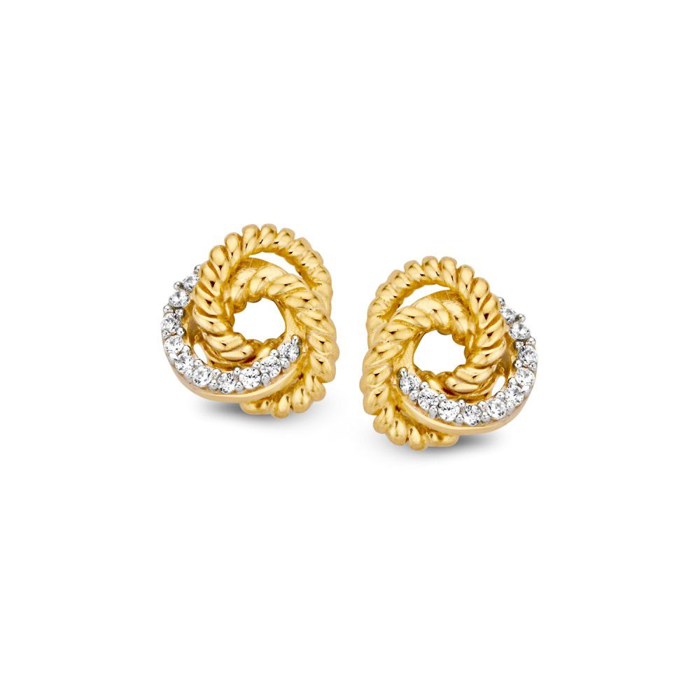 Pendientes de oro amarillo de 14 quilates con zircón, diseño trenzado y detalles brillantes.