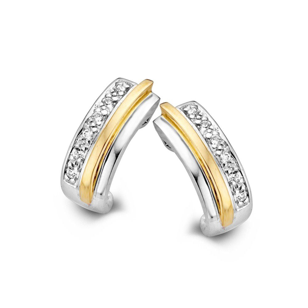 Pendientes bicolor de oro de 14 quilates con circonitas, con un diseño curvado y acabado brillante.