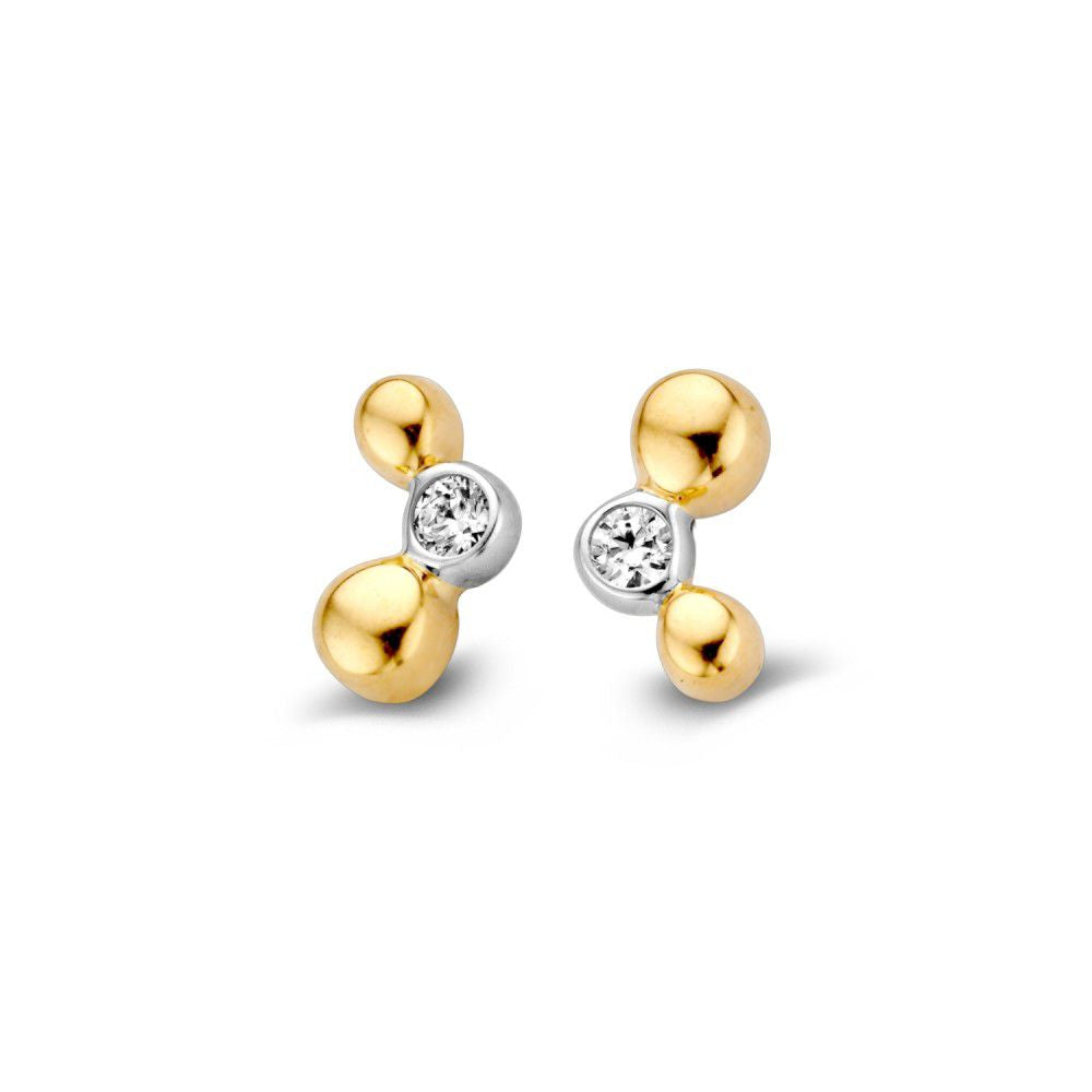 Pendientes bicolores de oro amarillo y blanco con circonita blanca de 4,5 mm.