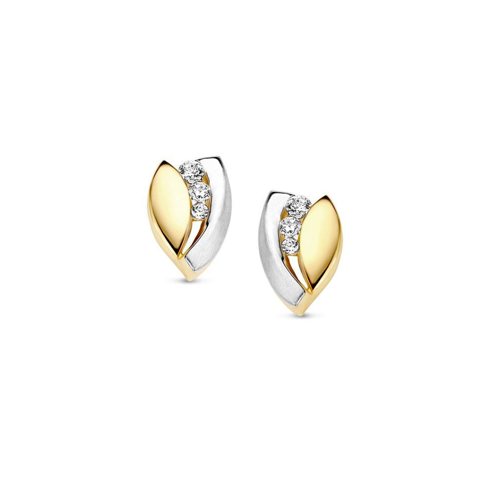 Pendientes de dama en oro amarillo y blanco con circonitas blancas, en forma de hoja.
