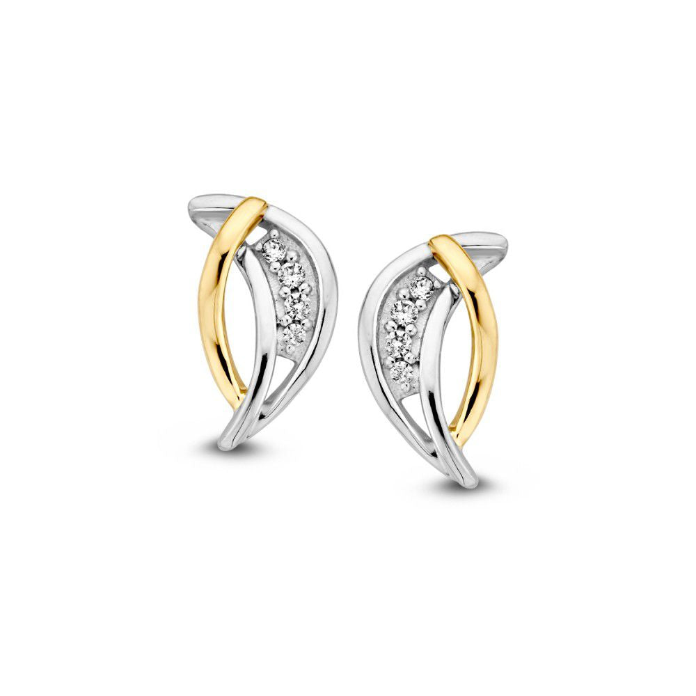 Pendientes bicolor de 14k con circonitas blancas, en forma de hojas, de 12 mm.