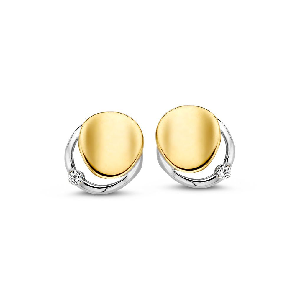 Pendientes bicolores de oro de 14k con zirconia blanca, diseño elegante de 8 mm.