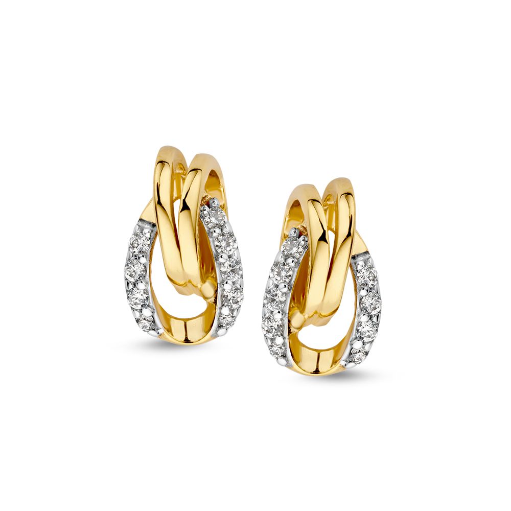 Pendientes bicolores de oro con circonitas, en forma de eslabones entrelazados.
