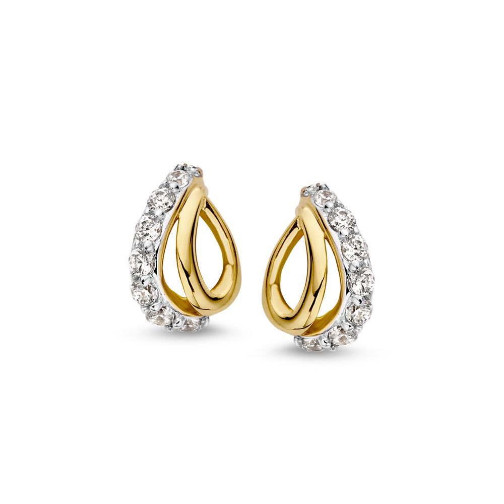Pendientes bicolor de oro blanco y amarillo con circonitas, en forma de gota.