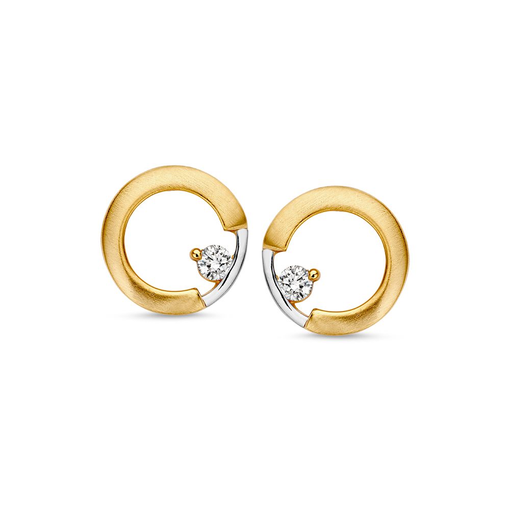 Pendientes bicolor de oro blanco y amarillo con circonita, forma circular y acabado pulido.
