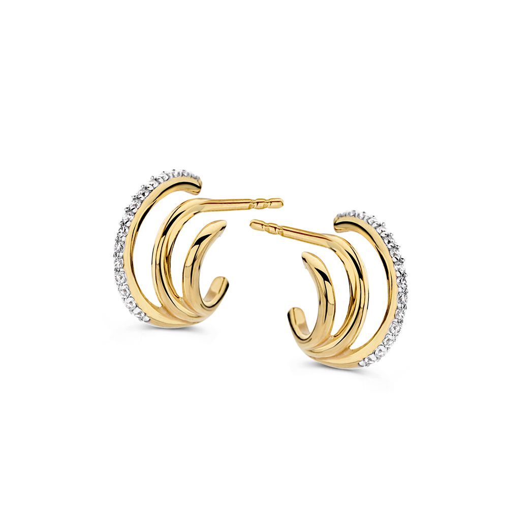 Pendientes de oro amarillo de 14K con zircón, de forma ondulada y 8 mm de diámetro.