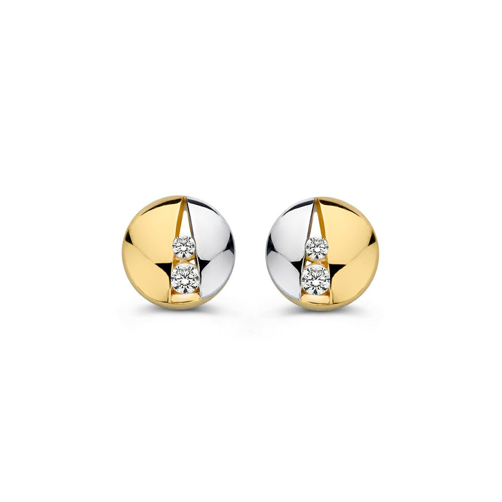 Pendientes bicolores de oro amarillo y blanco con circonitas, de 14 quilates.
