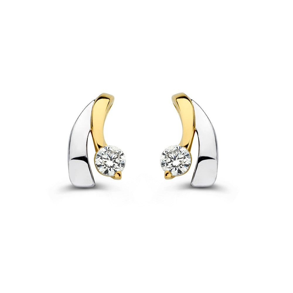 Pendientes bicolor de oro blanco y amarillo con circonitas, de 14 quilates.