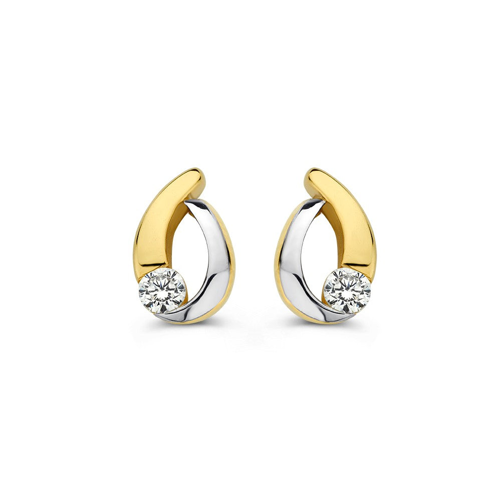 Pendientes bicolor de oro blanco y amarillo con circonita, diseño curvado y brillante.