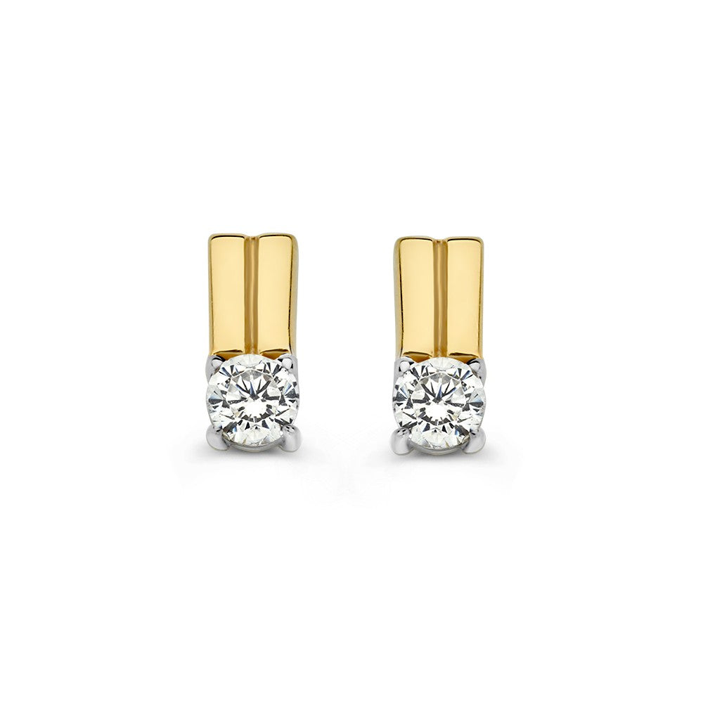 Pendientes bicolor de oro blanco y amarillo con circonitas, diseño recto, 14 quilates.