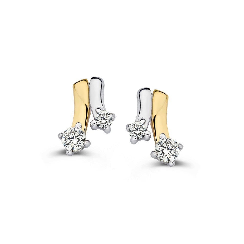 Pendientes bicolor de oro blanco y amarillo con circonitas, de 14K y 8.5 mm.