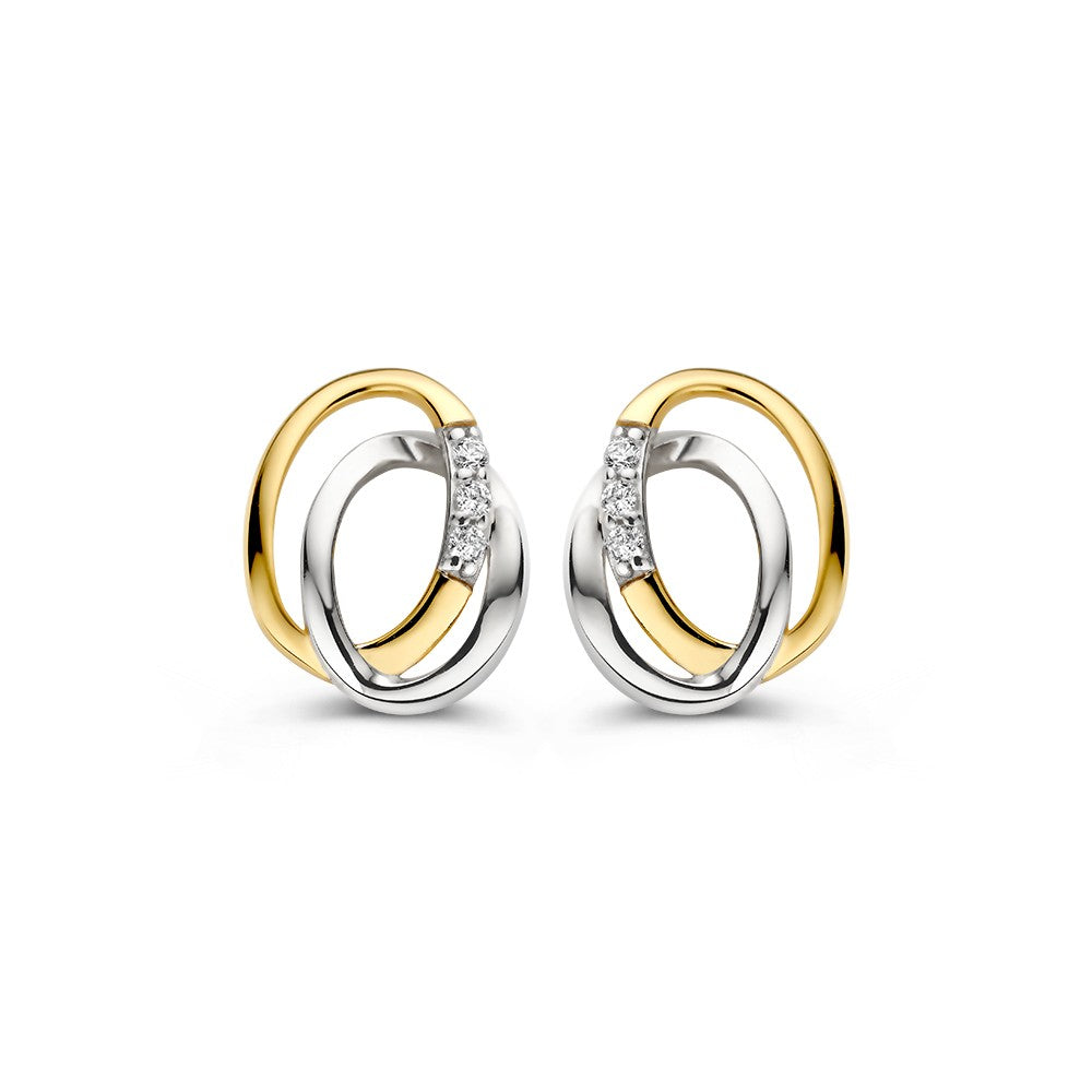 Pendientes bicolor de 14K con circonitas, diseño entrelazado en oro amarillo y blanco.
