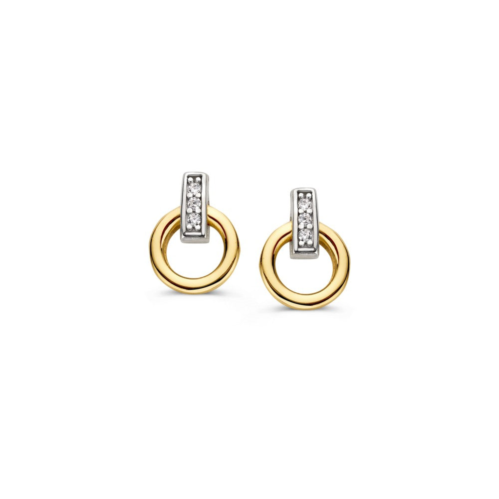 Pendientes bicolores de oro blanco y amarillo con circonitas, de 10 mm y 7.5 mm.