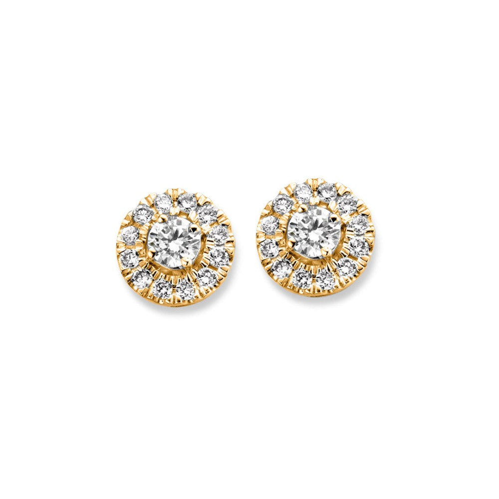 Pendientes de oro amarillo con diamantes, en forma redonda, con un diseño brillante y detallado.