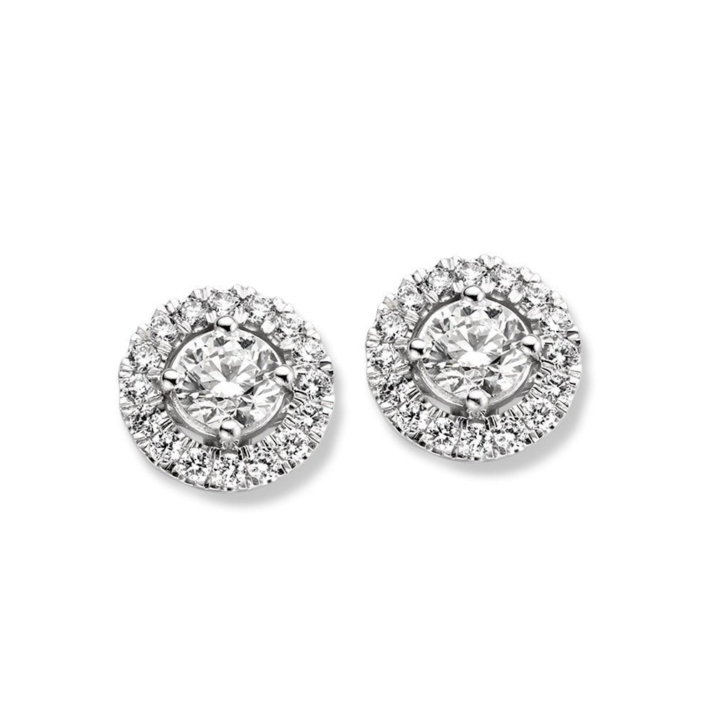 Pendientes de oro blanco con diamantes, en forma de círculo, con un diseño de halo brillante.