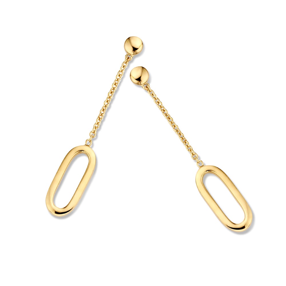 Pendientes largos de oro amarillo de 14 quilates con colgantes en forma ovalada de 40 mm.