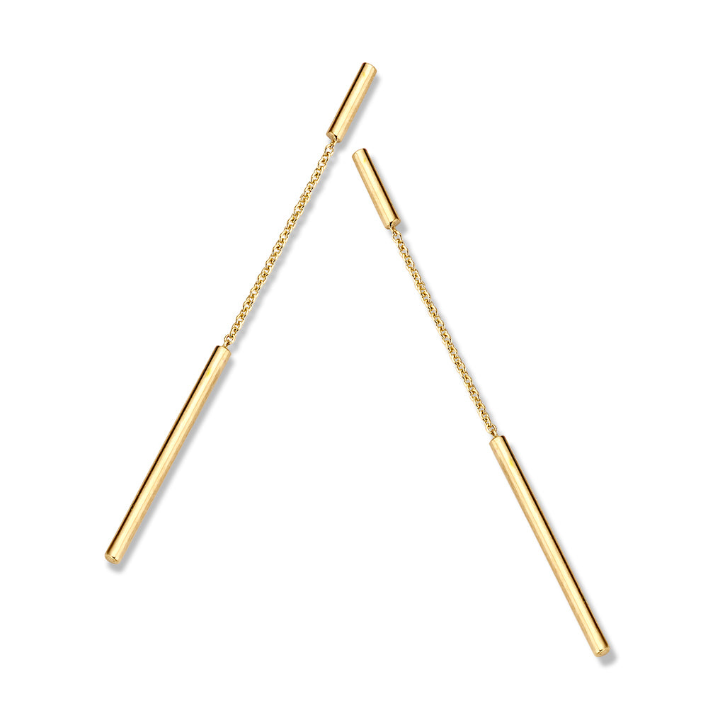 Geelgouden Oorbellen met Hangende Staafjes 14K – Moderne Elegantie 70mm