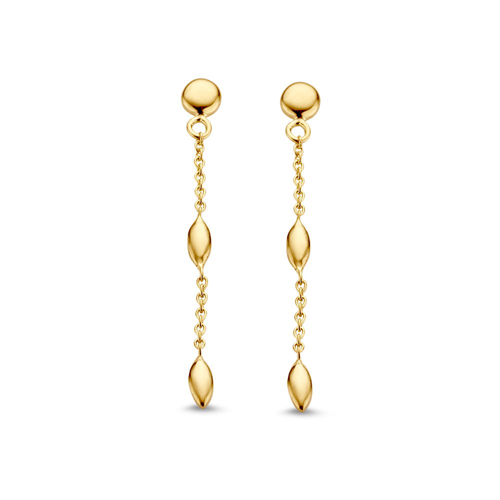 Pendientes largos de oro amarillo de 14K con forma alargada y detalles en cuentas.