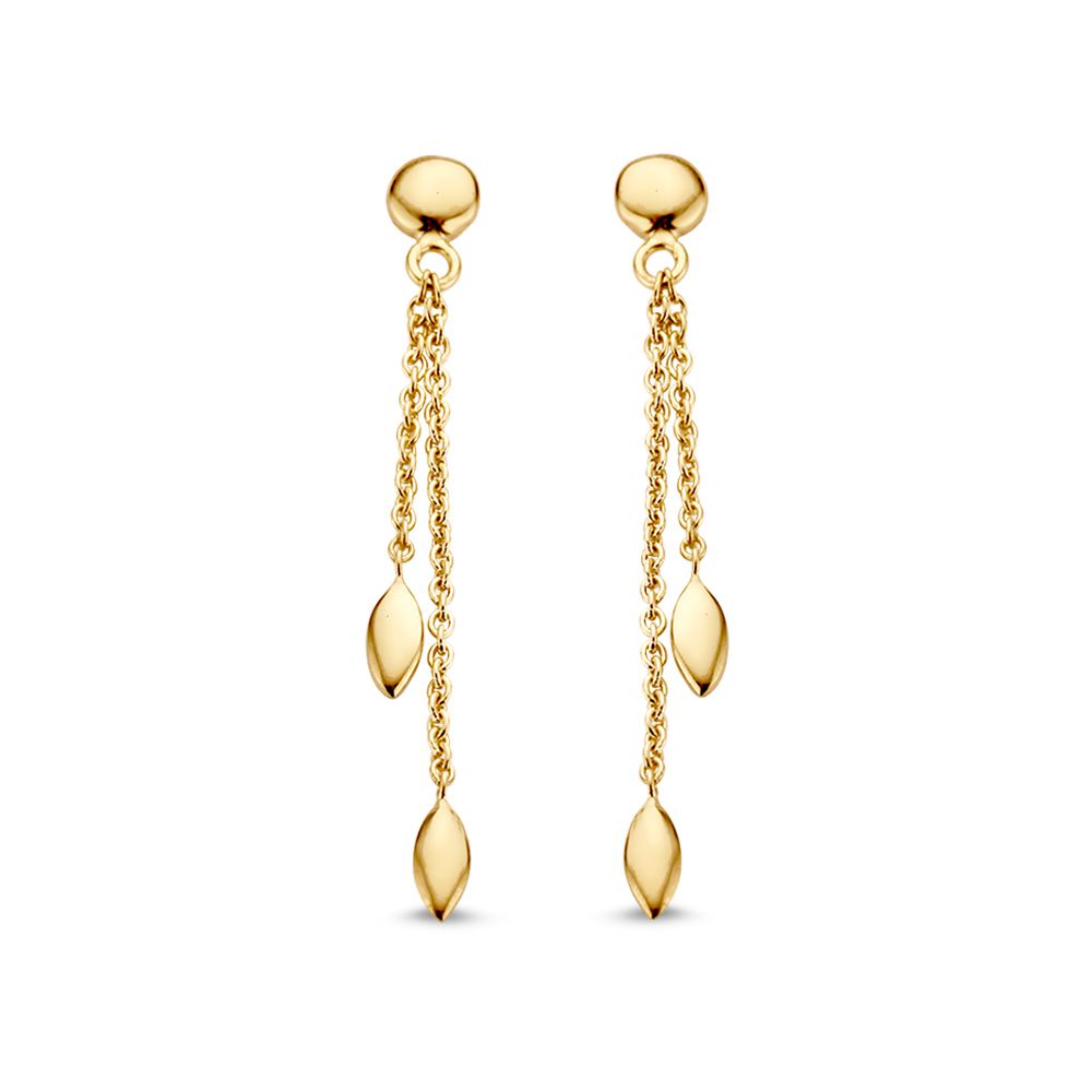 Pendientes de botón en oro amarillo con colgantes largos y elementos dorados.